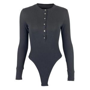 Women's black ribbed bodysuit with long sleeves and front metal snap buttons henley neck