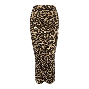 Jupe midi léopard à taille haute pour femme avec détails froncés et fente centrale