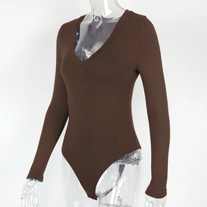 Detailed view of dark brown V-neck long sleeve bodysuit with slim fit knitted fabric