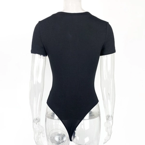 Detailed back view of a slim-fit black short sleeve bodysuit with high elastic fabric
