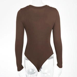 Detailed front and back view of a dark brown long-sleeve bodysuit on a mannequin