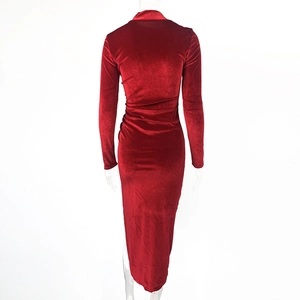 Detail view of burgundy velvet dress back with high neck and ruching on the waist