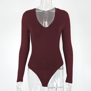 Detail of burgundy deep V-neck long sleeve bodysuit in soft elastic ribbed fabric