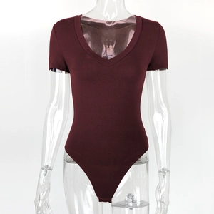 Detail view of burgundy V-neck short sleeve bodysuit with high-cut design on mannequin
