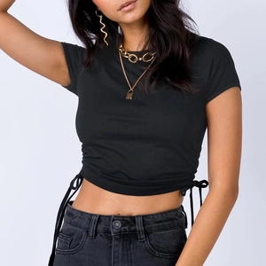 Detail of ruched drawstring sides on black ribbed slim fit crop top for women