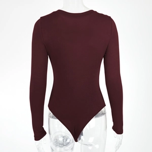 Back view of wine red long sleeve bodysuit featuring high-cut elastic knit fabric
