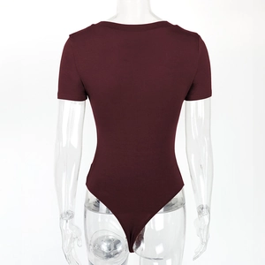 Detail of the high-elasticity dark red bodysuit showing a deep U-back design on a model