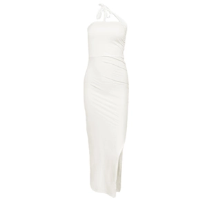 White high-slit bodycon maxi dress with halter strap and backless detail for elegant evening wear
