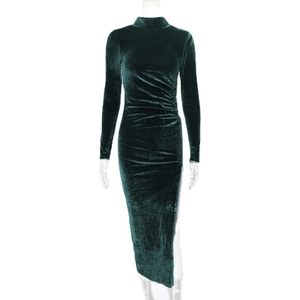 Elegant dark green velvet long sleeve dress with high neck, ruched waist and side slit