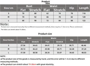 Size chart for slim slit dress showing bust, waist and hip measurements in cm and inches