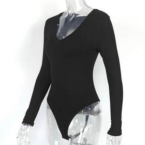 Detail of black V-neck long sleeve bodysuit with slim fit and snap button closure