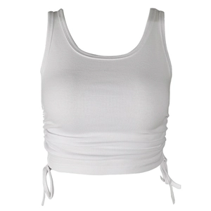 Women's white ribbed sleeveless crop top with adjustable side drawstrings and ruched hem