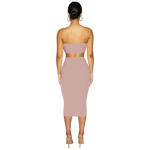 Vista posteriore di un set a due pezzi malva con top corto a fascia e gonna midi attillata