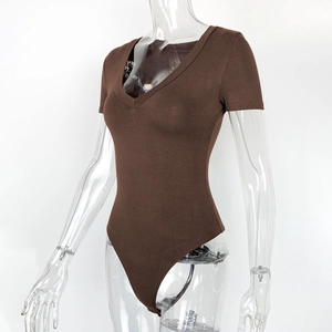 Detail view of dark brown short sleeve bodysuit with a deep V-neck on a clear mannequin
