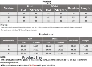 Tableau des tailles détaillé pour le crop top sans manches à col en V en tailles S, M, L