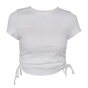 White rib-knit drawstring cropped T-shirt with crew neck and ruched sides for women