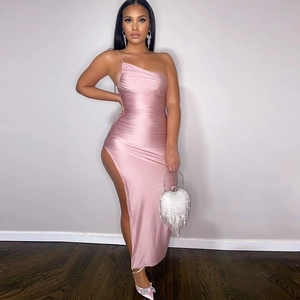 Women Sexy One Shoulder Ruched Bodycon Midi Dress Elegant High Slit Sleeveless Satin Look Party Evening Cocktail Dress
