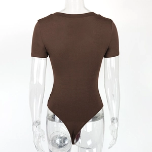 Rear view of deep brown short sleeve bodysuit featuring back scoop neck on mannequin