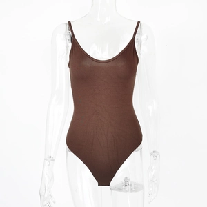 Detailed view of dark brown spaghetti strap bodysuit with scoop neck on mannequin