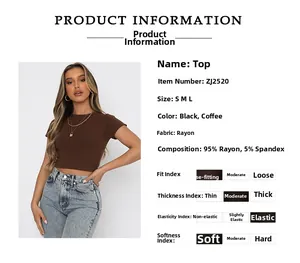 Detail view of brown crop top fabric composition made of 95% rayon and 5% spandex