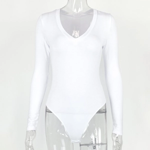 Close-up of white long sleeve V-neck bodysuit showing high-elasticity fabric on a mannequin
