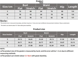 Detailed size chart for women's slim fit dress with bust, waist, and hip measurements