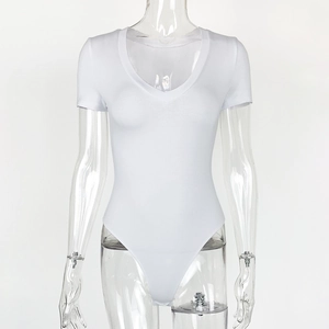 Detail view of white short-sleeve V-neck bodysuit with slim fit on transparent mannequin