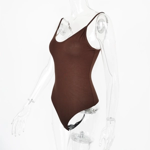 Side view detail of a dark brown slim fit bodysuit with thin straps and a deep neckline