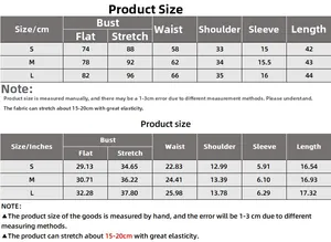 Detailed size chart in centimeters and inches for women's slim fit crop top T-shirt