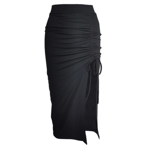 High waist black midi skirt with adjustable drawstring ruching and side slit detail