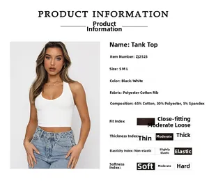 Detailed size chart and material specs for the white halter neck knitted ribbed tank top