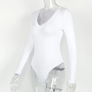 Detailed view of white V-neck long sleeve bodysuit with slim fit on a mannequin