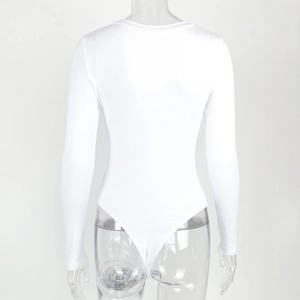 Close-up back view of white long sleeve V-neck bodysuit showing slim fit tailoring