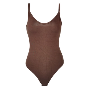 Slim fit dark brown ribbed bodysuit with deep V-neck and thin shoulder straps