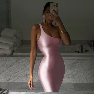 Detail of pink metallic one-shoulder bodycon dress with shiny satin finish on a model