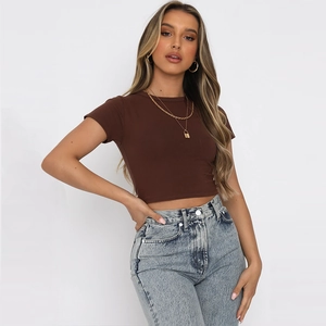 Women Round Neck Short Sleeve Solid Color Crop Top Slim Fit Viscose Spandex Summer Casual T-Shirt Basic Streetwear