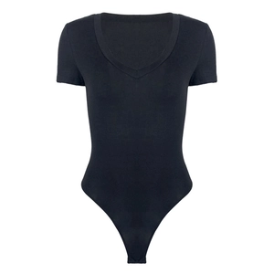 Slim fit black short sleeve V-neck bodysuit for women made of stretch knit fabric