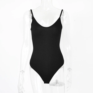 Detail of black slim-fit bodysuit with thin straps and deep round neckline on mannequin