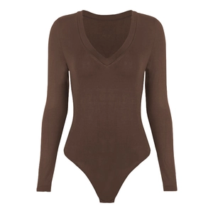 Slim fit deep V-neck long sleeve bodysuit in coffee brown for women casual wear