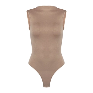 Minimalist high-stretch sleeveless bodysuit with a mock neck in nude color