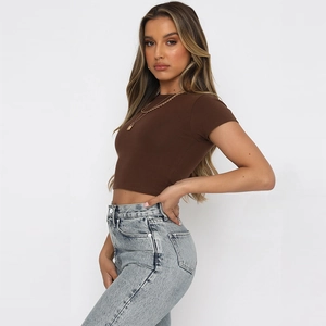 Slim fit brown crewneck crop top t-shirt for women, minimalist summer short sleeve style