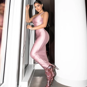 Sleek pink one-shoulder bodycon long dress with metallic sheen for summer fashion