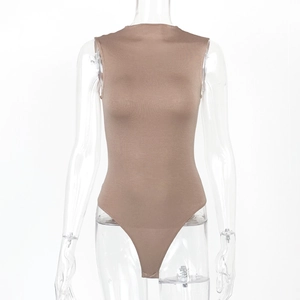 Detail view of coffee brown sleeveless bodysuit with high neck and stretch knit texture