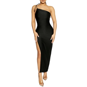 Slim fit black off-shoulder midi dress with high side slit and ruched details