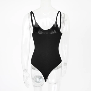 Detailed back view of black ribbed bodysuit featuring a low back and thin shoulder straps