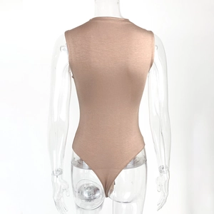 Back view of khaki sleeveless bodysuit with high neck and slim fit knit texture