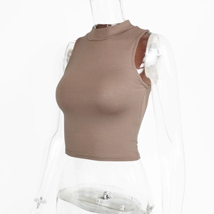 Close-up of mocha brown ribbed knit texture on a slim fit mock neck sleeveless crop top