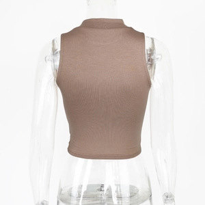 Detailed back view of ribbed brown sleeveless crop top with high neck and slim fit texture