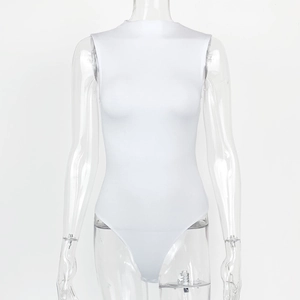 Detail of white mock neck sleeveless bodysuit with stretch fabric on a clear mannequin