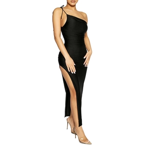 Close-up of ruched black one-shoulder dress with high side slit and slim fit texture